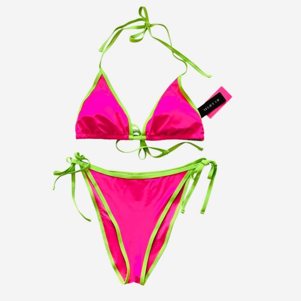 Tempt Me New Bikini 2-Piece Set Halter String Swimsuit Neon Pink Green 14W